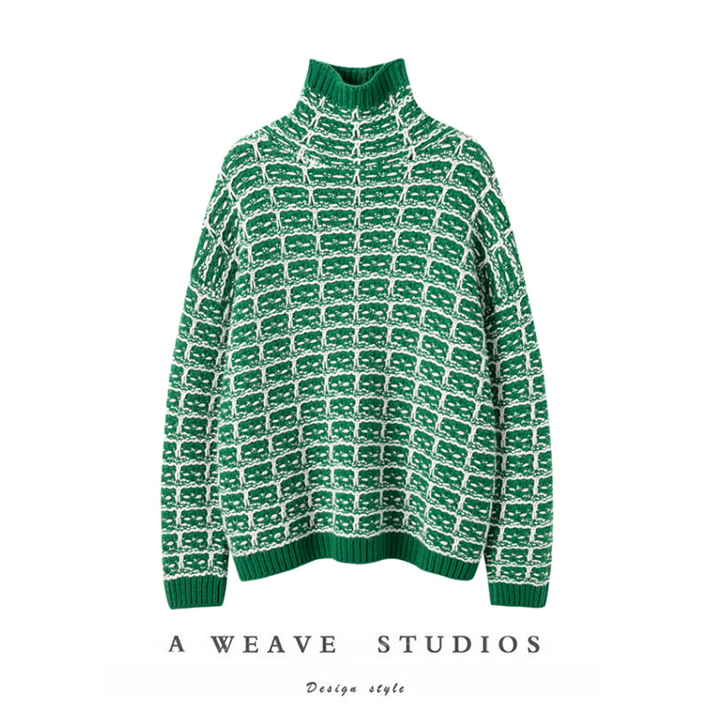 无限美感~100%纯山羊绒衫绿白格提花高领套头针织毛衣,女装/女士精品,羊绒衫,淘宝优惠券,粉丝福利购,淘宝优惠卷