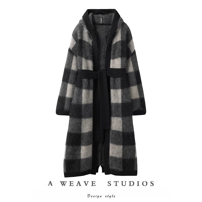 SAQINI气质名媛！格子拼色羊绒针织连帽外套100%纯山羊绒长款大衣