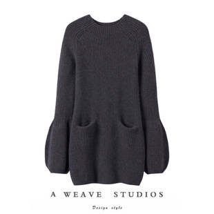 圆领修身 这气质太无敌了 中长款 羊绒衫 羊绒连衣裙 大克重厚灯笼袖