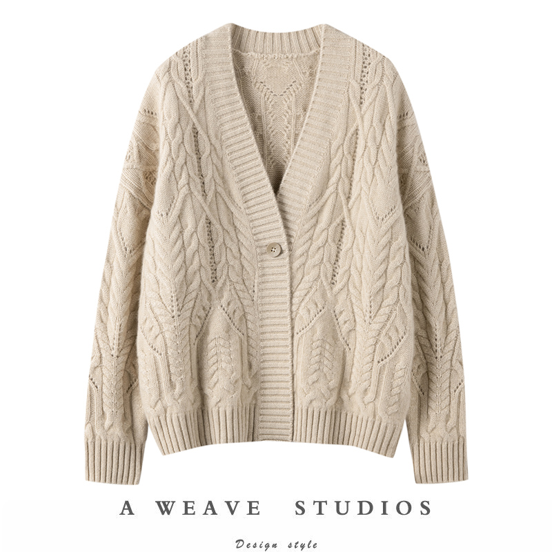 100%山羊绒衫原绒v领绞花毛衣