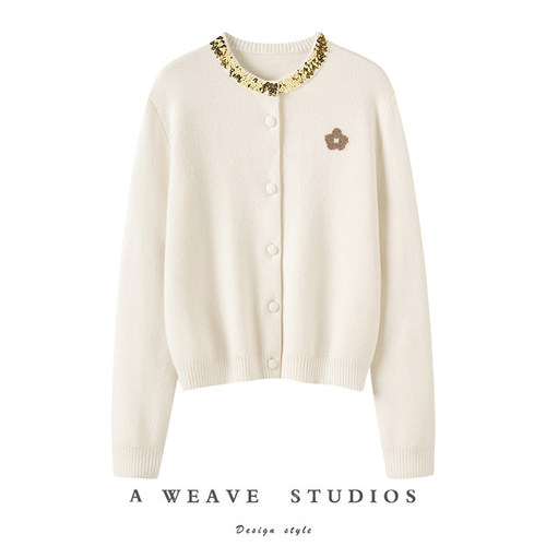 亮片领口新款纯羊绒开衫女