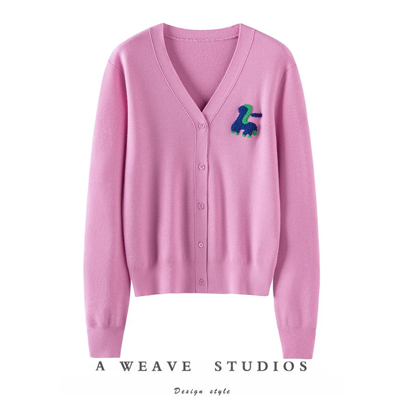 萨琪尼官方正品！100%山羊绒趣味减龄V领针织开衫女薄款上衣外套