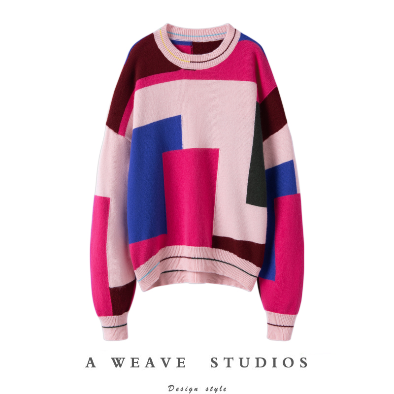 加厚羊绒衫女毛头针织衫宽松拼色