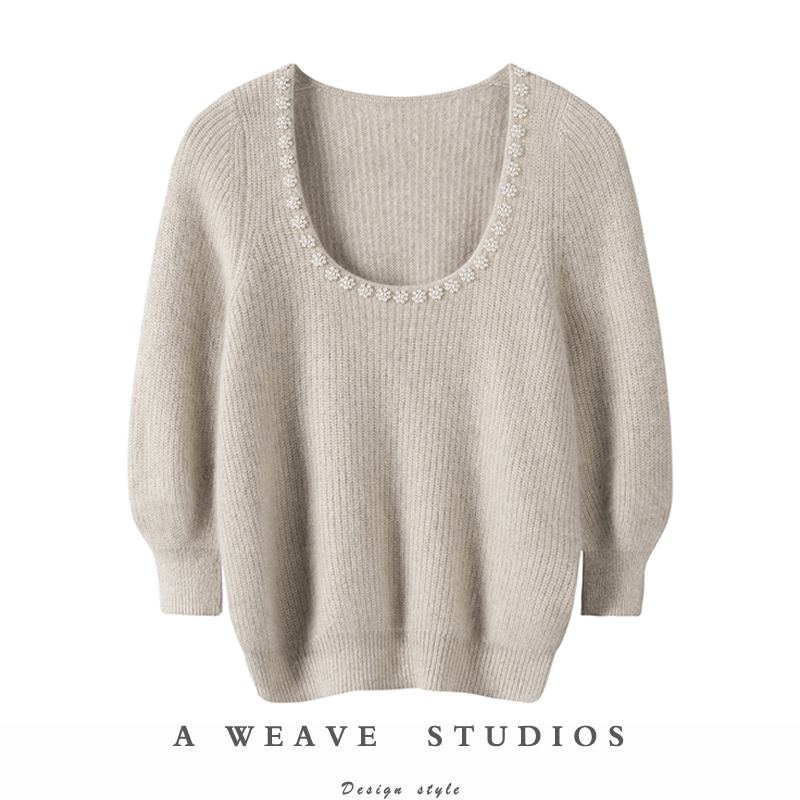上衣圆领气质圆领珍珠针织毛衣