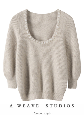 上身气质飙升！ 氛围感显瘦100%纯山羊绒上衣圆领珍珠针织毛衣女