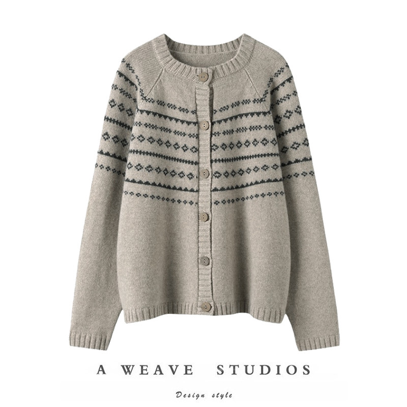 100%羊绒开衫复古圆领拼色针织衫