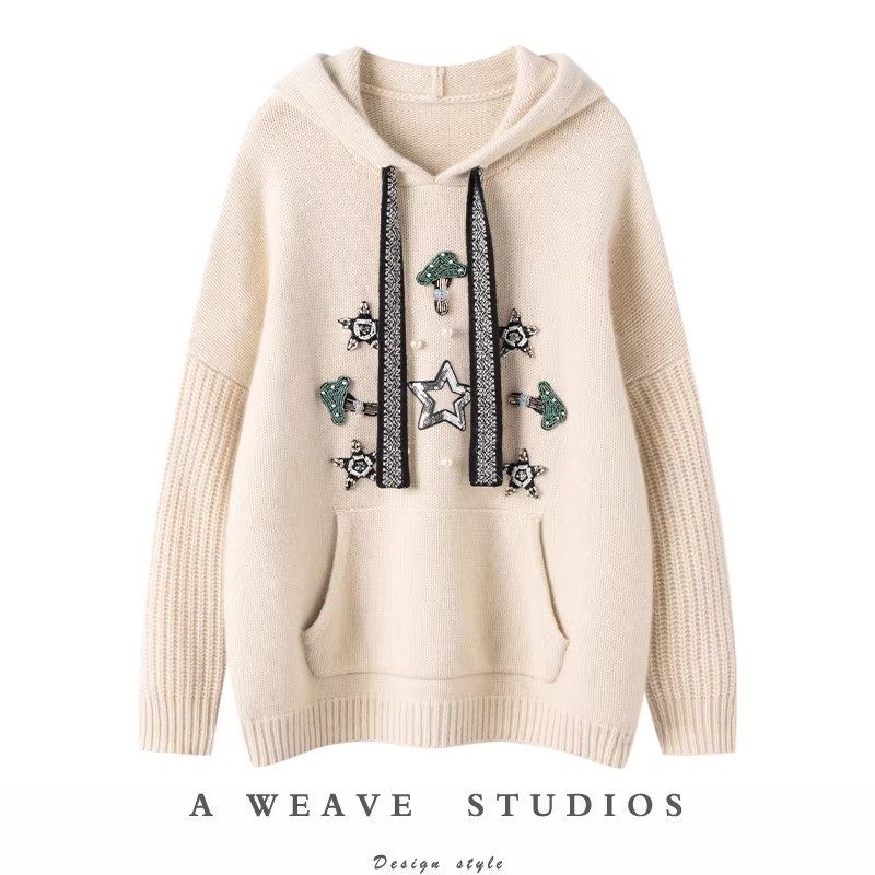 华贵典雅大气~重磅加厚手工钉珠100%纯山羊绒连帽卫衣毛衣女,女装/女士精品,羊绒衫,淘宝优惠券,粉丝福利购,淘宝优惠卷