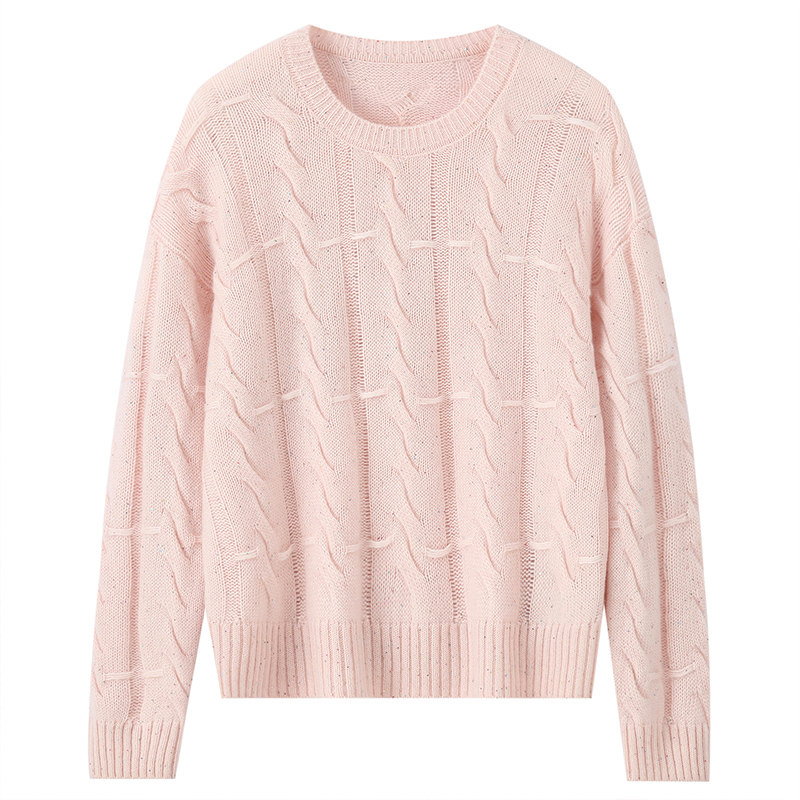 100%纯山羊绒山女圆领宽松亮片绞花打底针织衫高级感内搭长袖毛衣