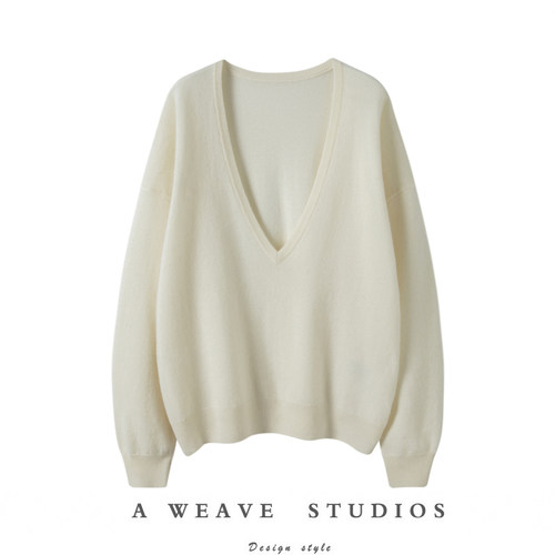 山羊绒深V领长袖针织上衣