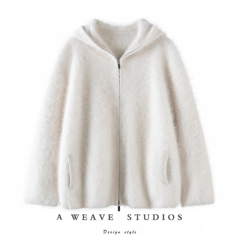 【北美小动物毛毛】“贝贝白”加厚貉绒连帽拉链针织外套上衣女
