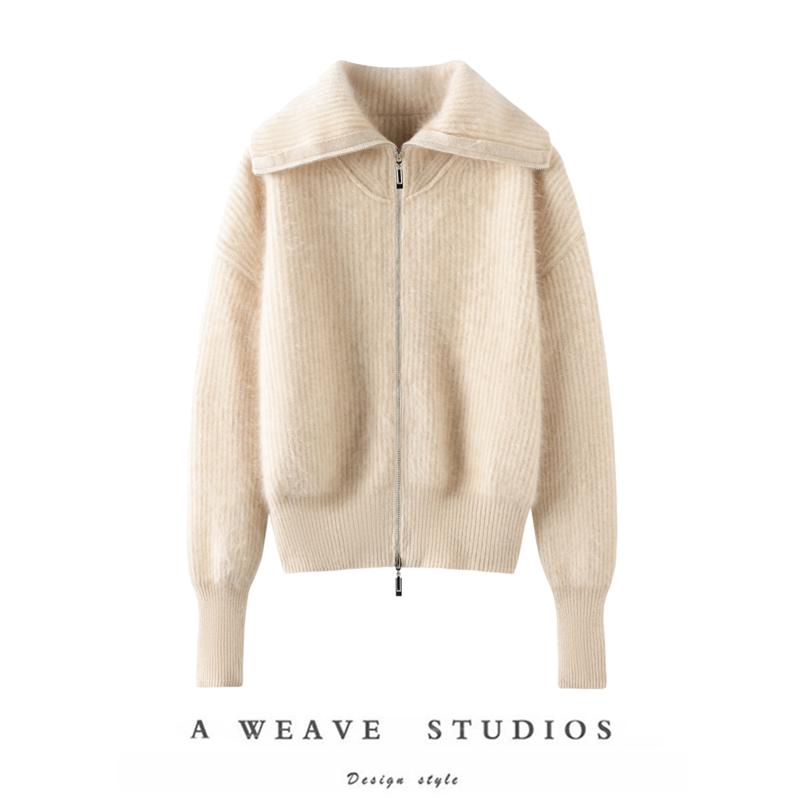 舒适显瘦~丰盈奶泡纯山羊绒拉绒拉链水手翻领针织外套毛衫