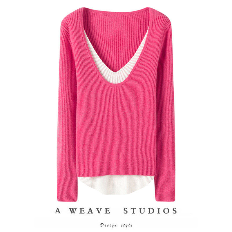 绝美好配色~羊绒撞色假两件针织衫女2024新款显瘦打底羊绒衫,女装/女士精品,羊绒衫,淘宝优惠券,粉丝福利购,淘宝优惠卷
