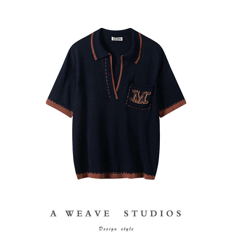 复古优雅~经典百搭撞色POLO衫上衣真丝羊绒针织短袖套头宽松显瘦