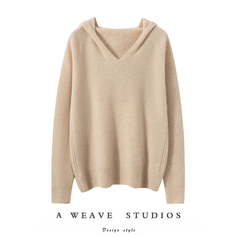 轻奢高级感~100%山羊绒衫无缝女连帽宽松慵懒毛衣一线成衣针织衫