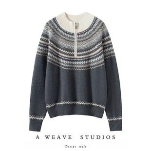 2025新款~100纯羊绒衫女气质半高领上衣半拉链费尔岛毛针织衫