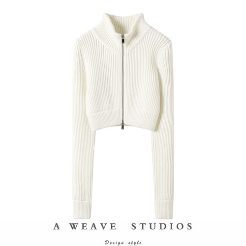 高领拉链短款针织上衣开衫女