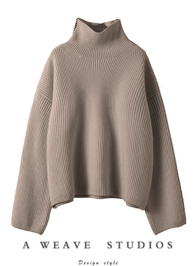 萨琪尼官方正品！紫绒原色廓袖高领大克重羊绒衫女纯羊绒毛衣女厚