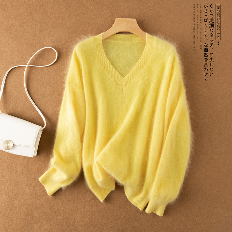 轻盈无负担！100%纯山羊绒女V领针织毛衣拉绒拉毛宽松百搭加厚女