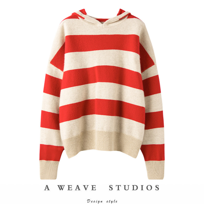 颜色巨显白！拼色条纹连帽羊绒衫女纯羊绒毛衣宽松针织帽衫加厚,女装/女士精品,羊绒衫,淘宝优惠券,粉丝福利购,淘宝优惠卷