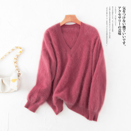 棉花糖手感！100%纯山羊绒女V领针织毛衣拉绒拉毛宽松百搭加厚