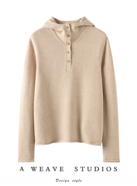 SAQINI超高细度纯羊绒 松弛随性多纽扣半开襟连帽亨利领针织上衣