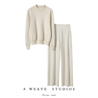 纯山羊绒半高领羊绒衫阔腿裤套装