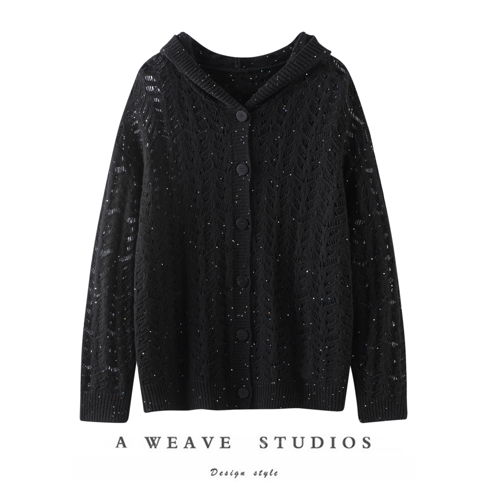 【闪闪发光】轻奢100%纯山羊绒衫时尚重工镂空珠片纱连帽针织开衫