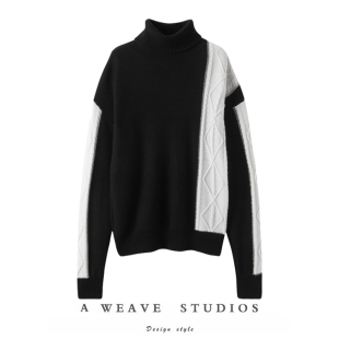 上衣 拼接撞色毛衣女日系宽松高领套头针织衫 拼色搭配 2025冬新款