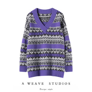 匠心系列实用穿搭!紫色几何提花v领廓形100%羊绒毛衣女2025新品