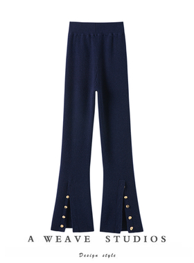 恋上你的型！后排扣修身坑条羊绒裤子女外穿显瘦百搭针织裤子秋冬