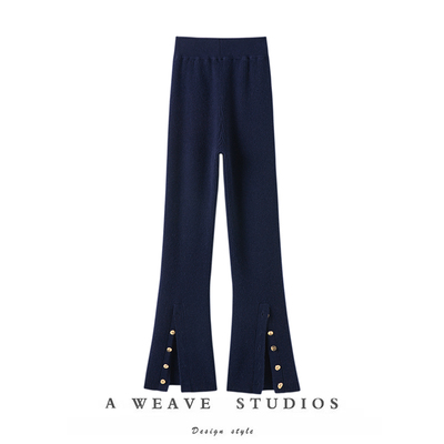 后排扣修身坑条羊绒裤子女