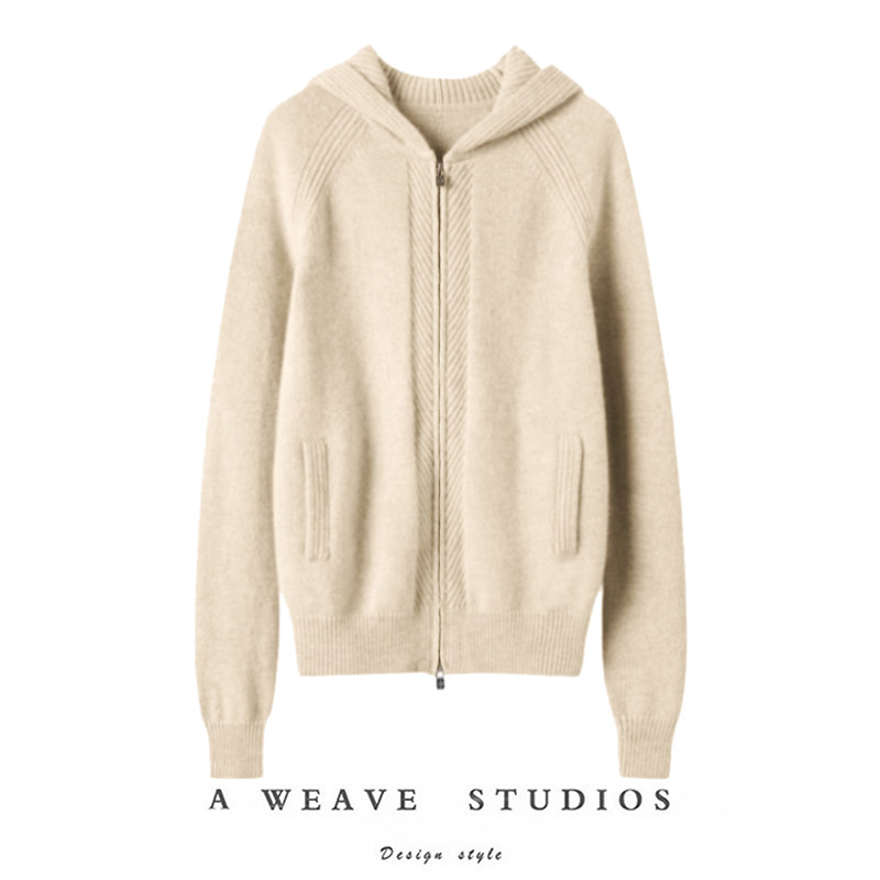 纯羊绒连帽长袖针织开衫女宽松