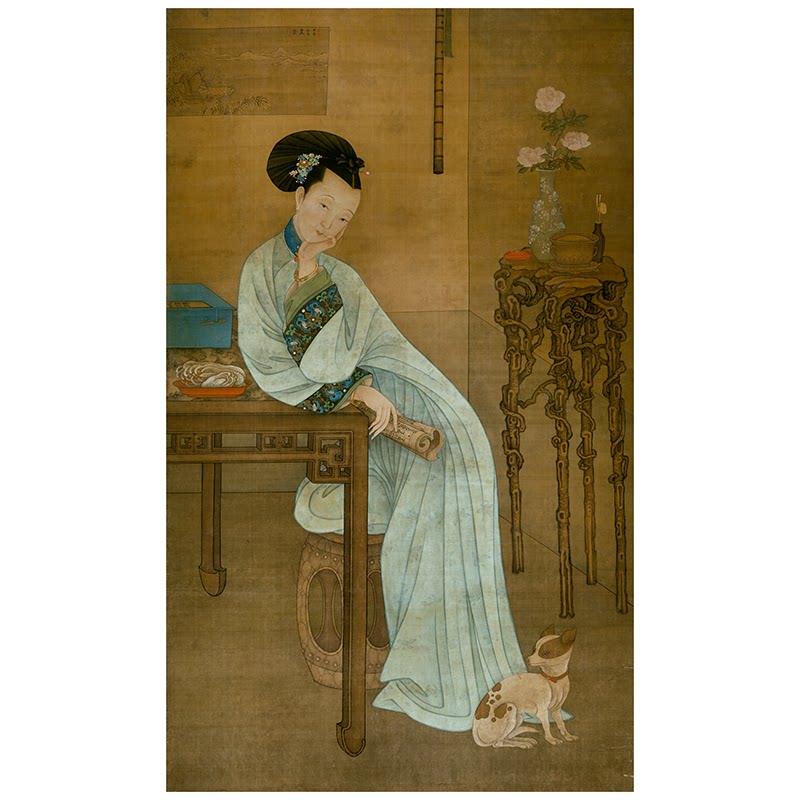 清代古典国画冷枚 春闺倦读图绢本艺术微喷工笔人物装饰画挂轴