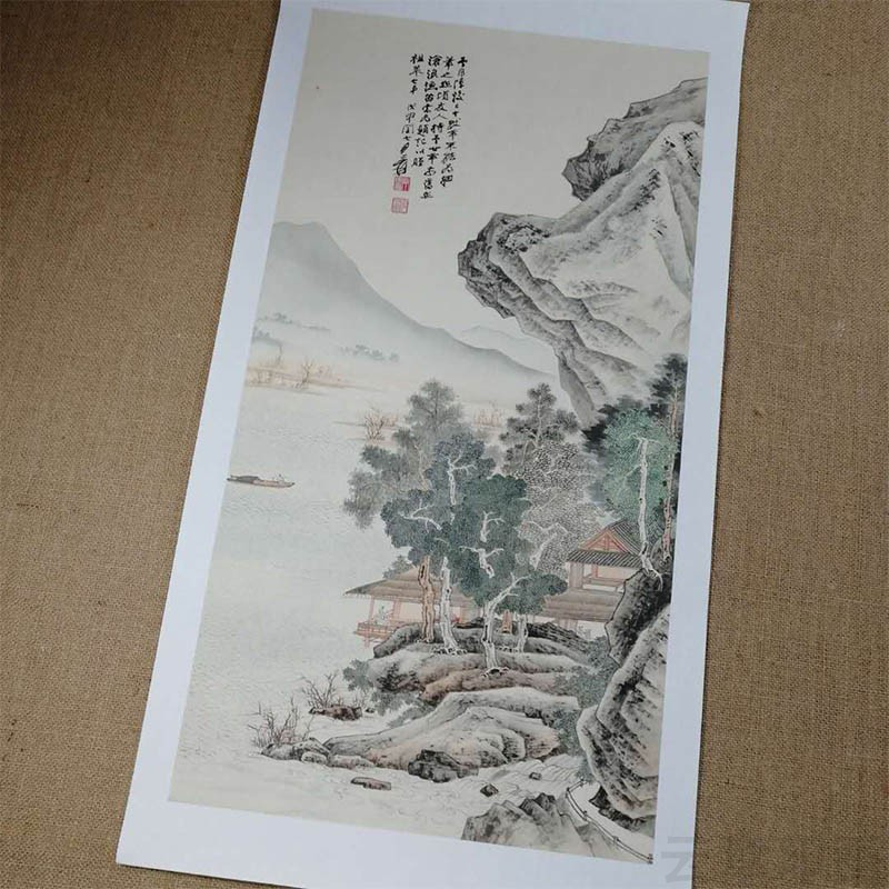 张大千沧浪渔笛图仿古青绿工笔山水国画高清喷绘字画复制品装饰画