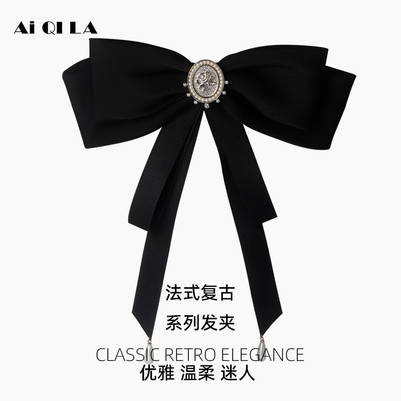 AIQILA2024秋冬新款蝴蝶结玫瑰花飘带款女发夹高档布艺横夹子发饰