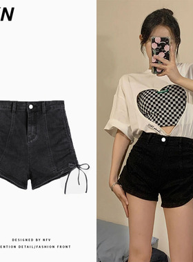 侧边设计感绑带黑色牛仔短裤女2023夏季新款高腰直筒修身显瘦裤子
