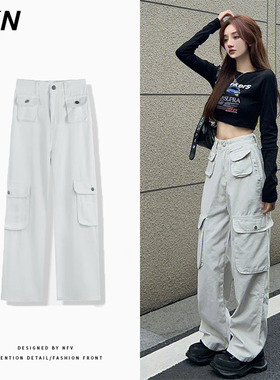 hiphop潮牌白色牛仔工装裤女2022年冬季新款高腰宽松休闲拖地长裤