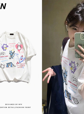 学院风可爱卡通印花纯棉短袖T恤女夏季宽松白色别致创意上衣ins潮