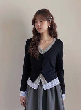 韩系假两件针织开衫女秋季黑色V领长袖上衣时髦叠穿