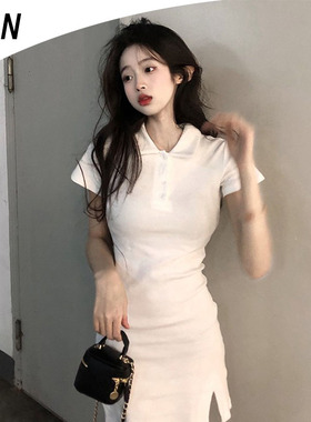 skn夏季白色T恤裙收腰显瘦设计感开叉包臀裙夏季连衣裙女A字裙子