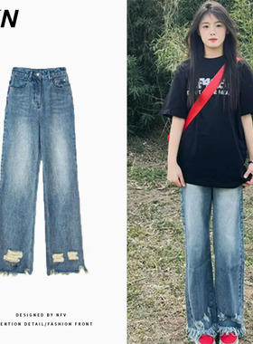 破洞设计感复古蓝色牛仔长裤女chic港风夏季新款潮流百搭阔腿裤子