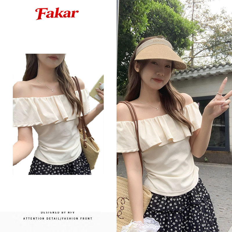 法式甜美风荷叶边一字领露肩短袖T恤女夏显瘦小众上衣休闲小清新