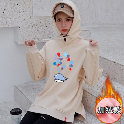秋冬女中长款金丝绒连帽卫衣外套学生MM保暖加绒加厚绒衫休闲卫衫