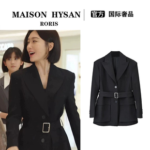 法式Maison Hysan小狐狸秦岚同款黑色西装外套女秋冬宽松气质西服