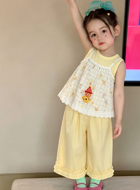儿童套装2026夏装女童卡通印花蕾丝吊带无袖背心花边阔腿裤三件套