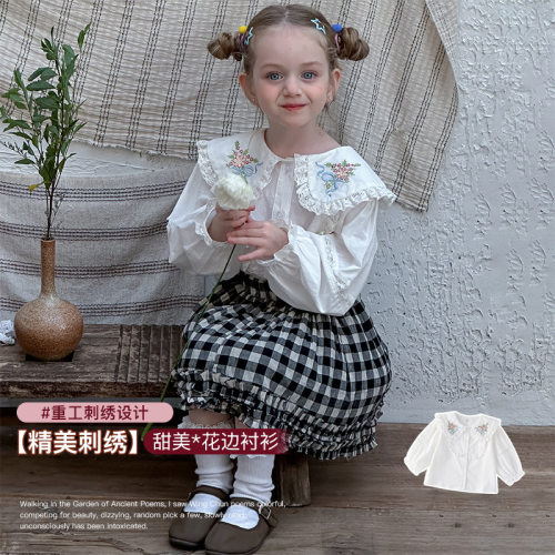 韩系女童甜美蕾丝花边娃娃领衬衫儿童洋气刺绣内搭长袖衬衣娃娃衫
