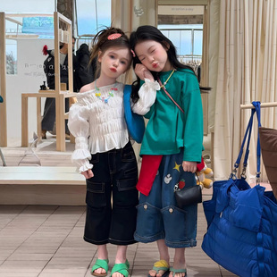 2026春季新款童装 韩版童装女童辣妹风套装皱褶衬衫+微喇牛仔裤