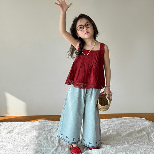 维木童装女童套装夏款2025新款儿童韩版洋气吊带衫牛仔裤宝宝衣服