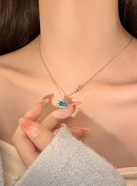 s925蓝色星球爱心项链女轻奢小众设计感海蓝心形锁骨链