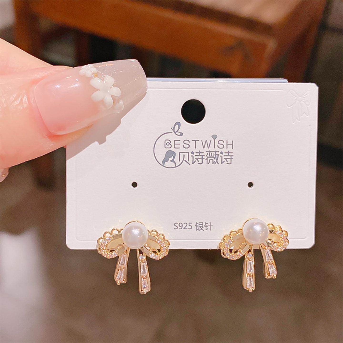 新款银针气质珍珠蕾丝蝴蝶结锆石